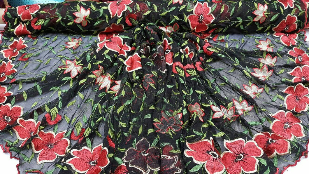 Fabric sold by the yard Red Embroidery Lace Floral Flowers on Black Mesh Prom Evening Dress Bridal Sweet 16 Fashion Lace Green leaves