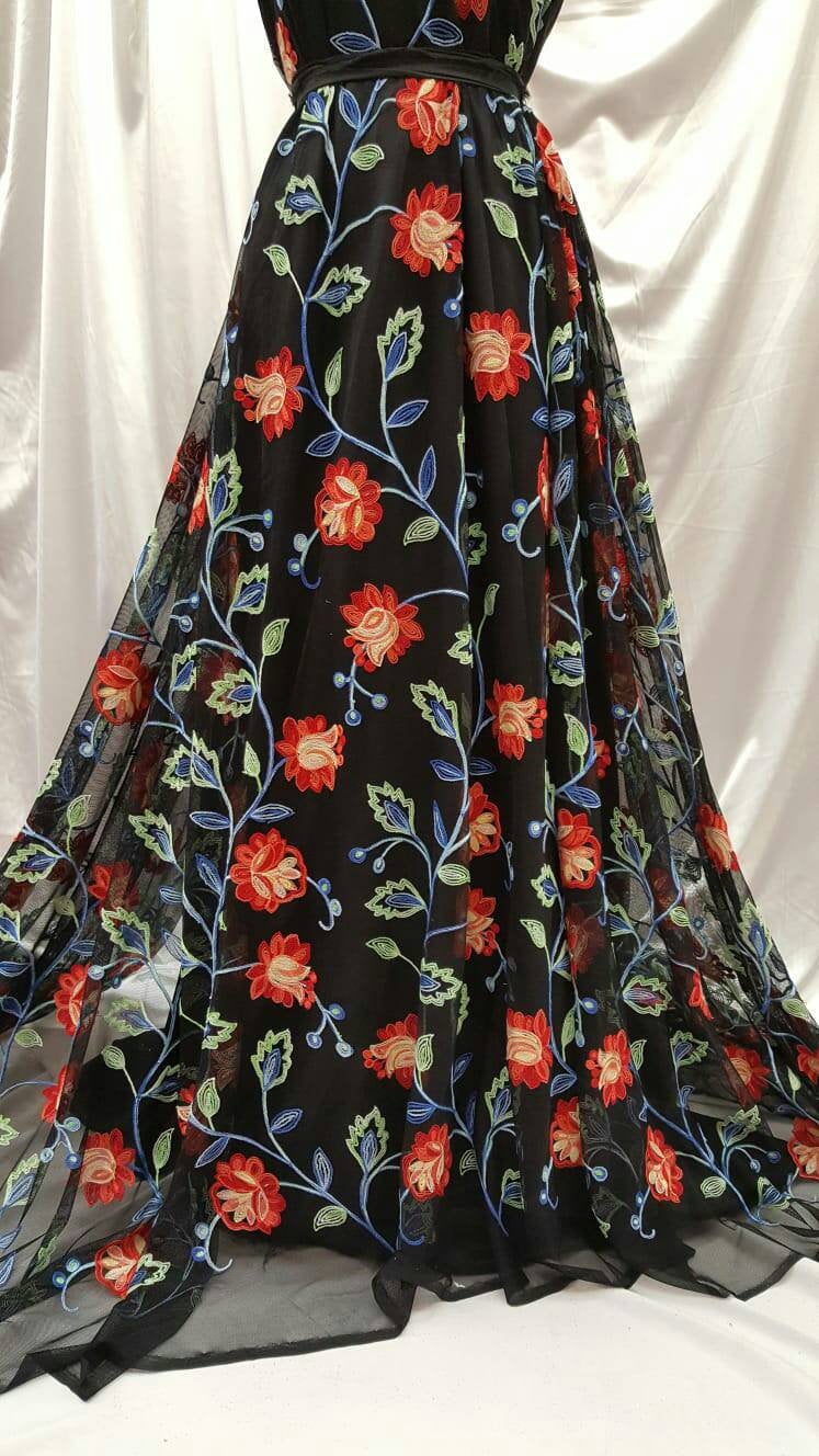 Fabric sold by the yard Multicolor Lace Floral Flowers Embroidery  Black Mesh Prom Evening Dress Bridal Sweet 16 Gown Fashion Lace Blue Red