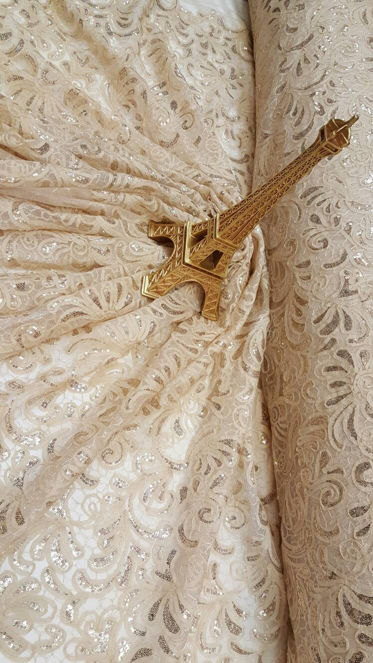 Fabric sold by the yard Champagne Lace Embroidery Floral Flowers Gold Sequins Bridal Evening Dress Fashion Lace Quinceañera Gown Decoration