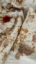 Load image into Gallery viewer, Fabric Sold by The Yard Silver  Brocade Brown and Cream Floral Flowers on Silver Lame Fashion Fabric Gown Quinceañera Bridal Evening Dress
