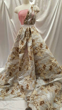 Load image into Gallery viewer, Fabric Sold by The Yard Silver  Brocade Brown and Cream Floral Flowers on Silver Lame Fashion Fabric Gown Quinceañera Bridal Evening Dress
