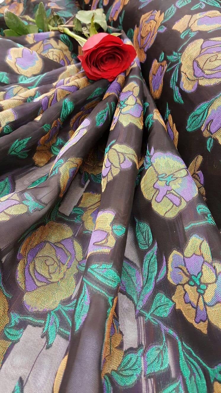 Fabric Sold by The Yard Multicolor Brocade Floral Flowers Purple Green Gold On Black French Organza Gown Prom Quinceañera Bridal Dress