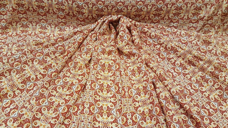 Rayon challis oranges yellow geometric floral print Fabric sold by the yard soft organic kids dress draping clothing decoration