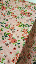 Load image into Gallery viewer, Rayon crepon textured floral flowers Coral and green on pink background organic fabric sold by the yard soft organic kids dress draping
