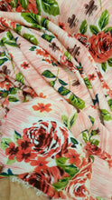 Load image into Gallery viewer, Rayon crepon textured floral flowers Coral and green on pink background organic fabric sold by the yard soft organic kids dress draping
