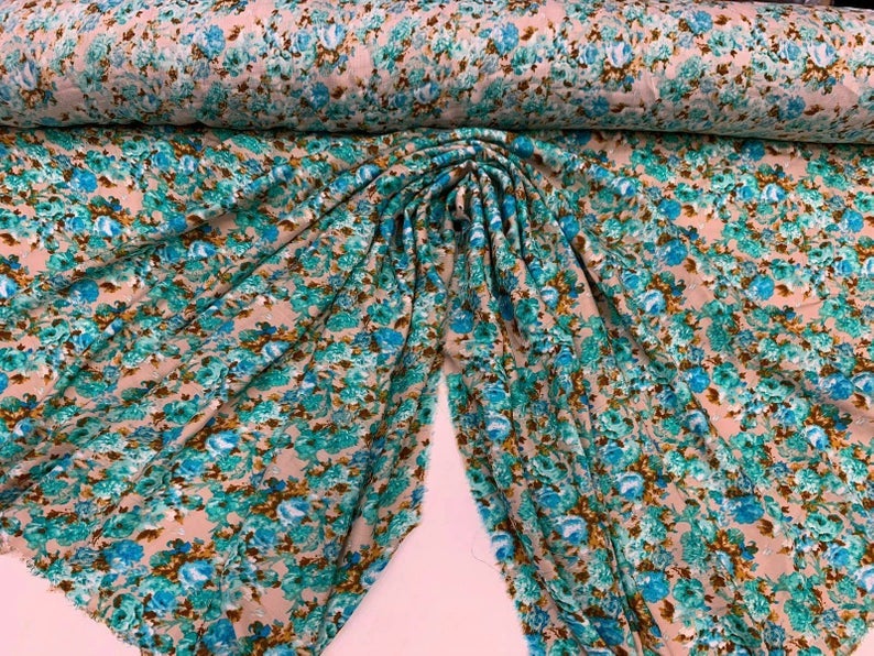 Rayon with Blue/Green Floral Print Fabric sold by the yard soft organic kids fabric flowy ligth weight fabric perfect to make dress