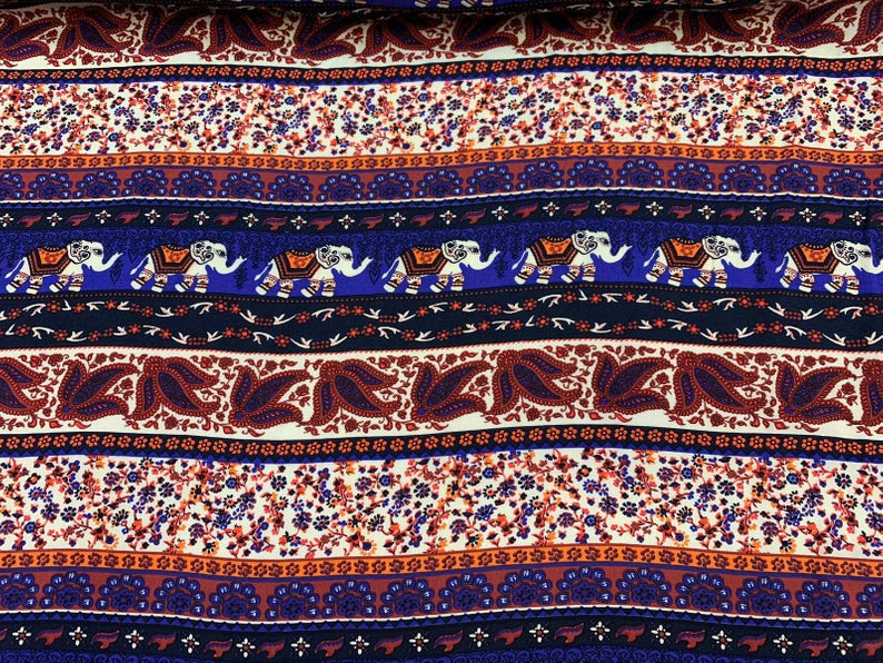 Rayon challis with elephant Indian inspiration royal blue orange multicolor 58-60