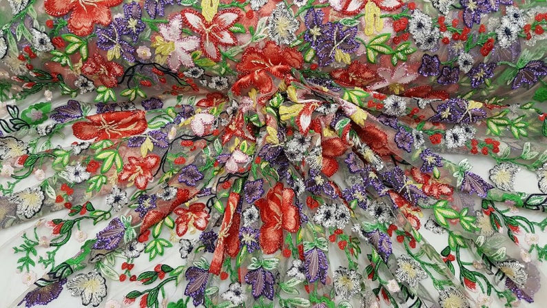 Multicolor Hand Beaded Lace Floral Flowers Embroidered Red Purple Green Sequin Prom Fabric Sold by the Yard Gown Drees Quinceañera Bridal