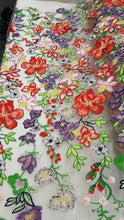 Load image into Gallery viewer, Multicolor Hand Beaded Lace Floral Flowers Embroidered Red Purple Green Sequin Prom Fabric Sold by the Yard Gown Drees Quinceañera Bridal
