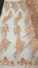 Load image into Gallery viewer, Peach Gold Hand Beaded Lace Floral Flowers Embroidered Stones Pearls on Mesh Prom Fabric Sold by the Yard
