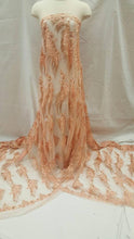 Load image into Gallery viewer, Peach Gold Hand Beaded Lace Floral Flowers Embroidered Stones Pearls on Mesh Prom Fabric Sold by the Yard
