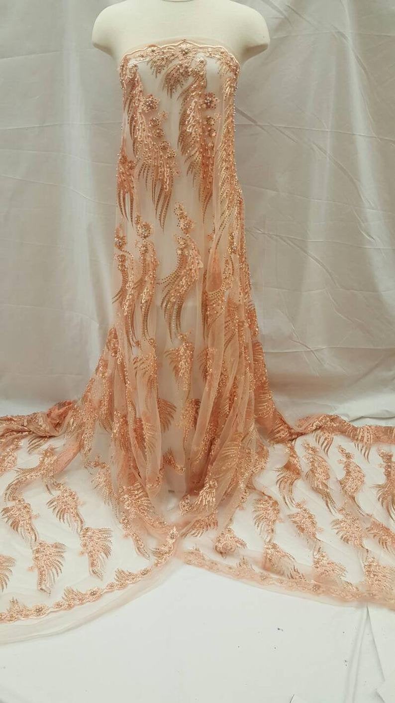 Peach Gold Hand Beaded Lace Floral Flowers Embroidered Stones Pearls on Mesh Prom Fabric Sold by the Yard