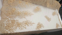 Load image into Gallery viewer, Champagne Hand Beaded Lace Floral Flowers Pearls Embroidered on Mesh Fabric Sold by the Yard
