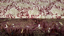 Load image into Gallery viewer, Plum Sequin Lace Gold Floral Flowers Embroidered on Mesh Plum Fabric Sold by the Yard
