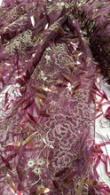 Load image into Gallery viewer, Plum Sequin Lace Gold Floral Flowers Embroidered on Mesh Plum Fabric Sold by the Yard
