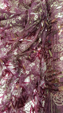 Load image into Gallery viewer, Plum Sequin Lace Gold Floral Flowers Embroidered on Mesh Plum Fabric Sold by the Yard
