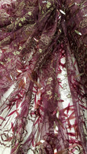 Load image into Gallery viewer, Plum Sequin Lace Gold Floral Flowers Embroidered on Mesh Plum Fabric Sold by the Yard
