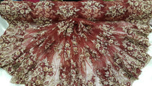 Load image into Gallery viewer, Fabric Sold by The Yard Burgundy And Gold Hand Beaded Lace 3d Embroidery Floral Flowers Rinheston Sequin On Mesh Prom Dress Quinceañera Gown
