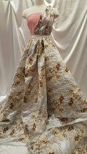 Load image into Gallery viewer, Fabric Sold by The Yard Silver  Brocade Brown and Cream Floral Flowers on Silver Lame Fashion Fabric Gown Quinceañera Bridal Evening Dress
