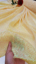 Load image into Gallery viewer, Fabric Sold by The Yard Yellow Iridescent Mylar on Lame Stretch Decoration Draping Dress Bridal Sweet 16 Gown Fashion Fabric
