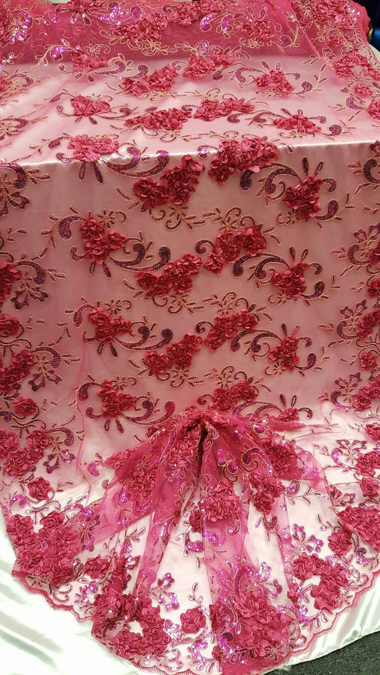 Fabric Sold by The Yard Fuchsia Lace 3d Satin Floral Flowers Sequin Mesh Prom Evening Dress Bridal Sweet 16 Gown Fashion Lace Dancer Custom