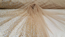 Load image into Gallery viewer, Fabric Sold by The Yard Gold and Silver Lace Floral Flowers Glitter On Nude Stretch Mesh Prom Evening Dress Bridal Sweet 16 Gown Fashion
