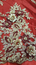 Load image into Gallery viewer, Fabric Sold by The Yard Burgundy And Gold Hand Beaded Lace 3d Embroidery Floral Flowers Rinheston Sequin On Mesh Prom Dress Quinceañera Gown
