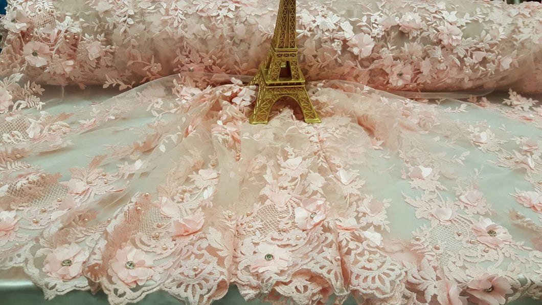 Fabric Sold By The Yard Pink Hand Beaded Lace 3d Satin Floral Flowers Rhinestones Pearls Mesh Prom Evening Dress Bridal Sweet 16 Quinceañera