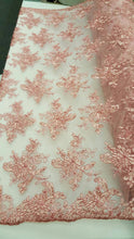 Load image into Gallery viewer, Fabric Sold By The Yard Dusty Rose Lace Embroidery Floral Flowers Pink Cord Double Scallops Prom Gown Bridal Evening Fashion Lace Sweet 16
