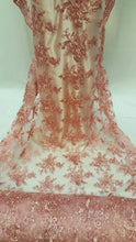 Load image into Gallery viewer, Fabric Sold By The Yard Dusty Rose Lace Embroidery Floral Flowers Pink Cord Double Scallops Prom Gown Bridal Evening Fashion Lace Sweet 16
