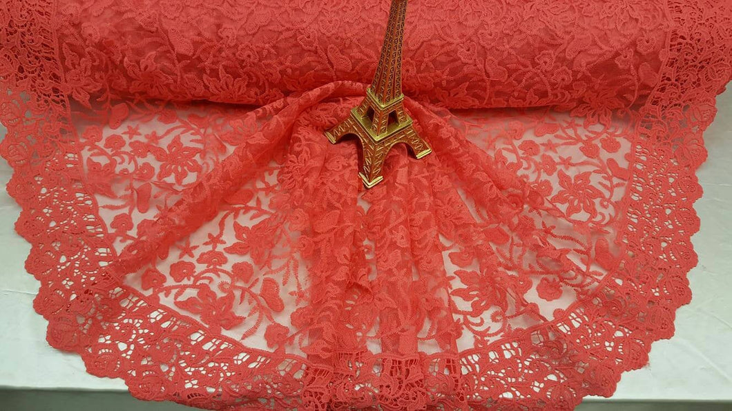 Fabric Sold By The Yard Coral Lace Embroidery Floral Flowers Double Scallops Prom Gown Bridal Evening Dress Fashion Fabric Guipure Lace