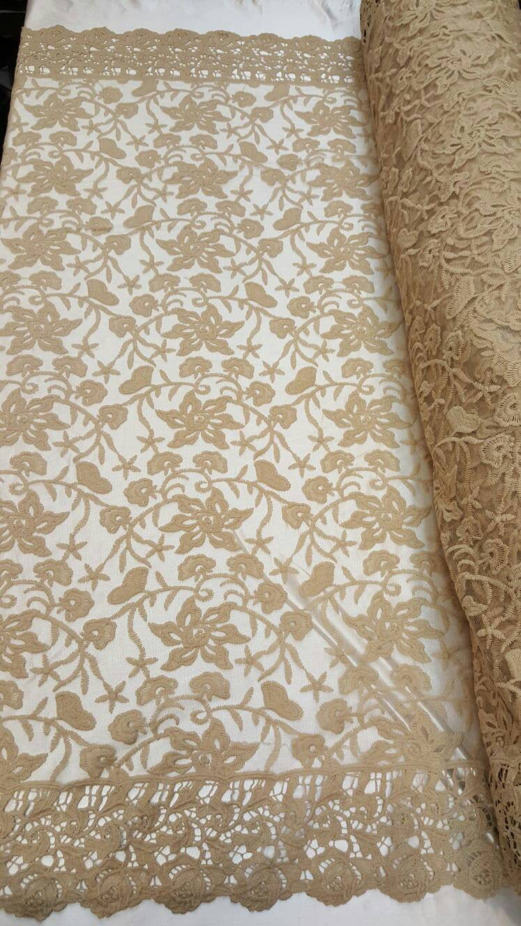 Fabric Sold ByThe Yard Champagne Lace Embroidery Floral Flowers Double Scallops Prom Gown Bridal Evening Dress Fashion Beige Lace Guipure