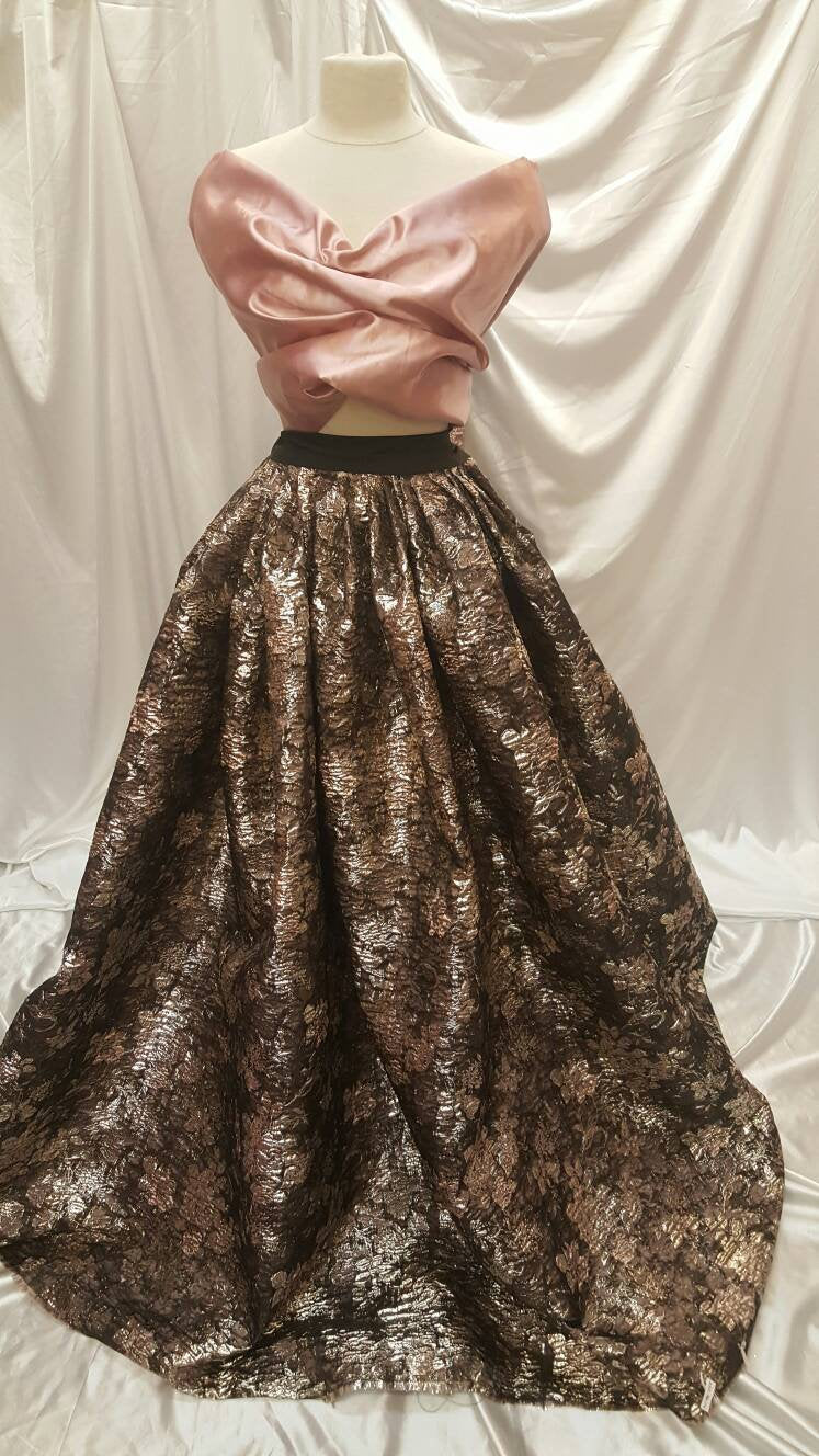 Fabric Sold By The Yard Rose Gold Metallic Brocade On Black Lame Organza Floral Flowers Fashion Jacquard Quinceañera Dress Bridal Evening