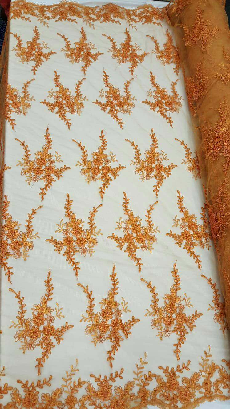 Fabric By The Yard Orange Lace Embroidery Floral Flowers Beads On Mesh Prom Evening Dress Bridal Sweet 16 Graduation Double Scallops Prom