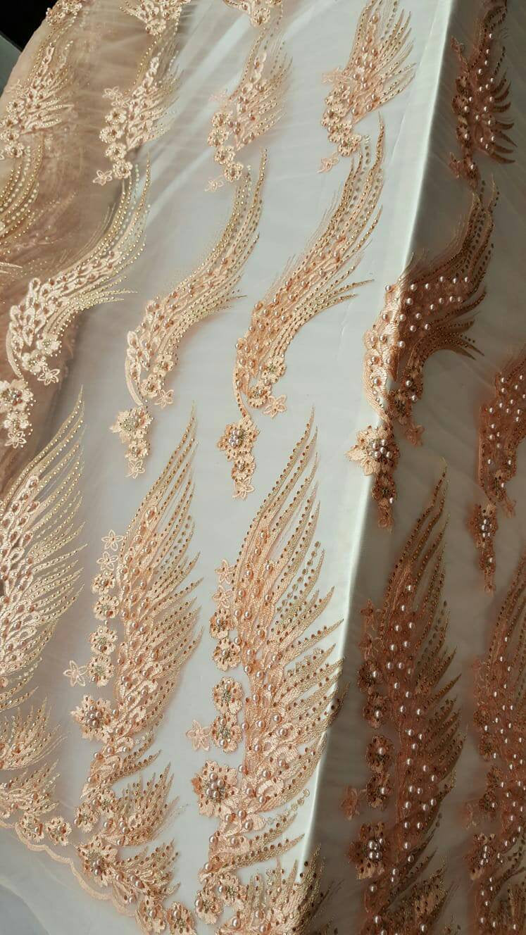 Fabric By The Yard Peach Hand Beaded Lace Embroidery Floral Flower Rinheston and Pearls Mesh Prom Evening Dress Bridal Sweet 16 Fashion Gown