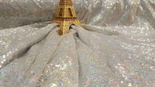 Load image into Gallery viewer, Fabric By The Yard Silver Hologram Sequin Iridescent Fashion Holographic Sequin on Mesh Prom Evening Dress Bridal Fashion Draping Tablecloth
