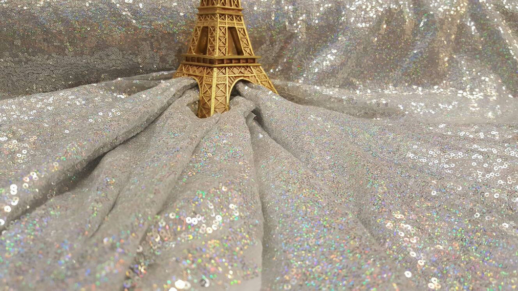 Fabric By The Yard Silver Hologram Sequin Iridescent Fashion Holographic Sequin on Mesh Prom Evening Dress Bridal Fashion Draping Tablecloth