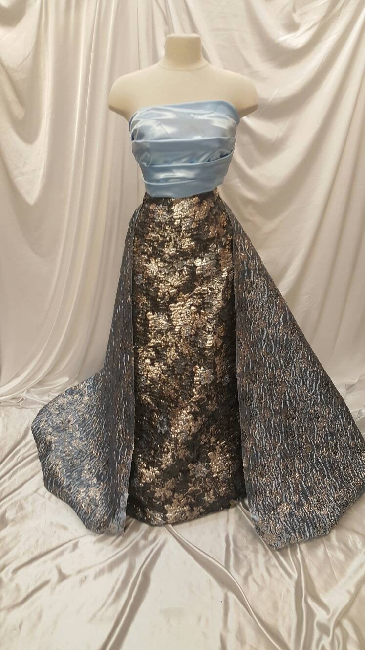 Fabric Sold By The Yard Powder Blue Black Brocade Gold Metallic Floral Flowers on French Lame Fashion Prom Gown Bridal Evening Dress New