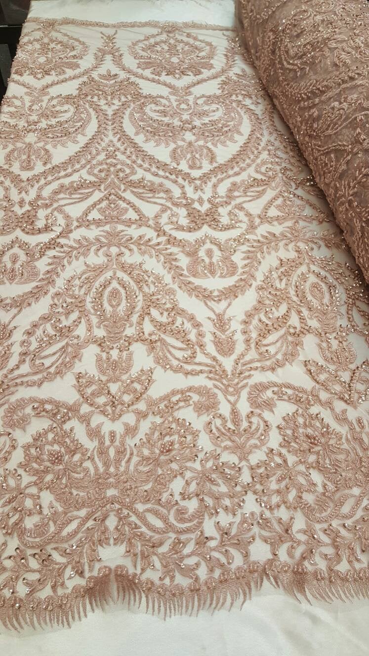 Fabric By The Yard Dusty Rose Beaded Lace Embroidery Geometric Pattern Vintage Victorian Egg Wedding Gown Bridal Evening Dress Fashion Prom