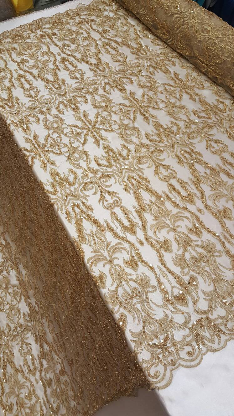 Fabric By The Yard Gold Beaded Lace  Sequin Vintage Victorian Pattern Prom Wedding Evening Dress Bridal Gown Sweet 16 Quinceañera