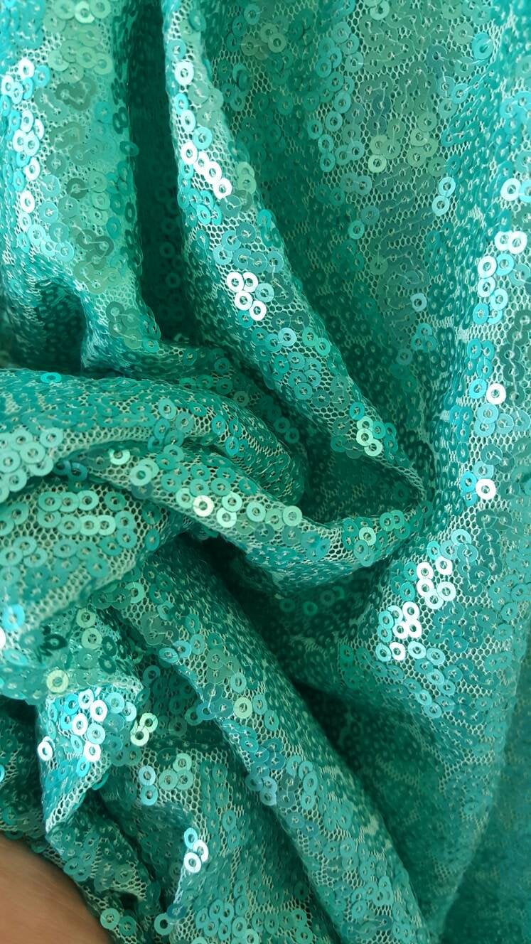 Aqua Green Sequin Fabric, By The Yard, Sequin Fabric, Perfect For Tablecloth, Linen, Sequin Tablecloth, Table Runner Fashion Glitz Sequin