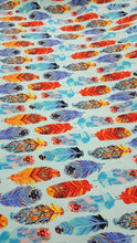 Load image into Gallery viewer, Rayon Challis Feathers Multicolor Pattern Blue background oranges Fabric Sold By The Yard Soft Organic kids Dress Draping Clothing
