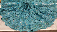 Load image into Gallery viewer, Fabric By The Yard Turquoise Hand Beaded Lace 3d  Embroidery Floral Flowers  Prom Bridal Evening Dress Fashion Quinceañera Gown Sequin
