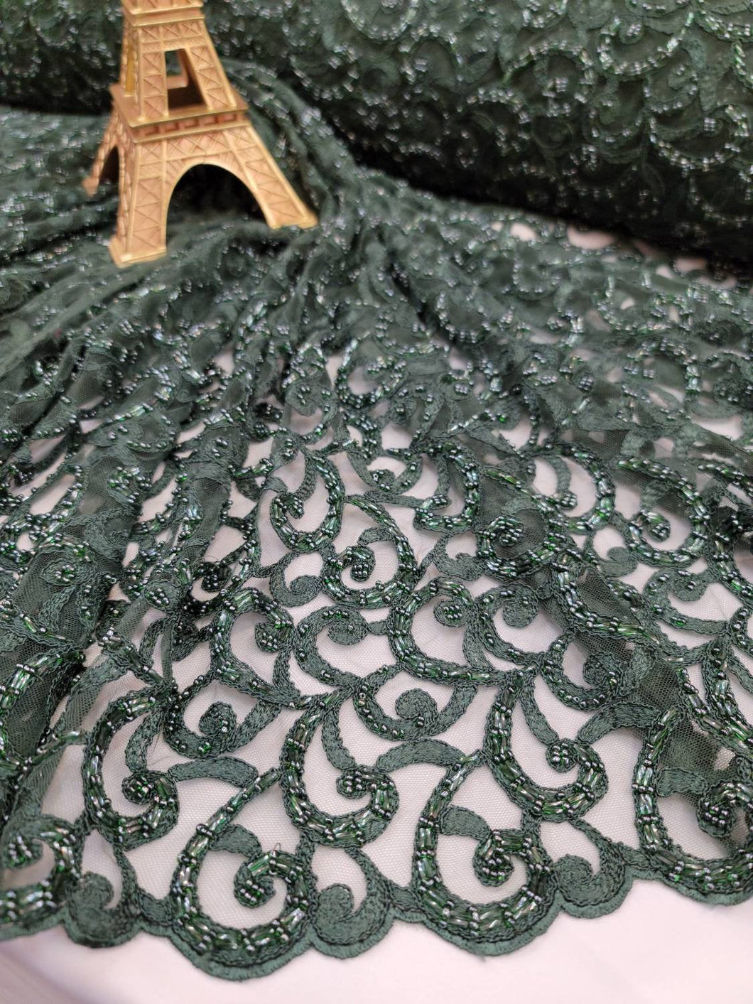 Fabric Sold By The Yard Hunter Green Beaded Lace Embroidery Geometric Pattern Fashion New Lace Bridal Evening Dress Prom Gown Luxury