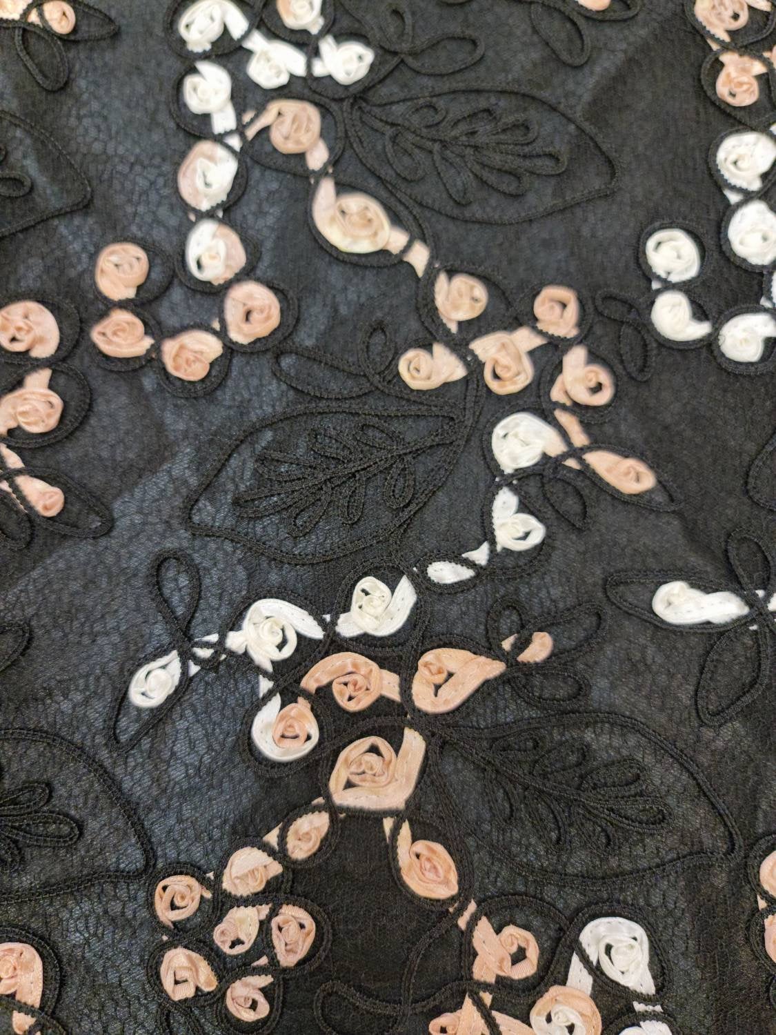 Multicolor floral 3D embroidery on beige tulle fabric - 3D lace & embroidery  - lace fabric from
