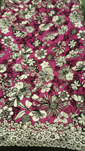 Load image into Gallery viewer, Rayon Challis Fabric By The Yard Floral Flowers Hawaiian Fuchsia Tropical Double Borders Dress Draping Fashion Clothing
