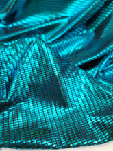 Load image into Gallery viewer, Turquoise Metallic Pleather Nylon Spandex Black Backing Stretch  Fabric Sold by the Yard Draping Decoration Clothing Dancer Geometric Square
