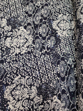 Load image into Gallery viewer, Fabric Sold By The Yard Navy Blue White Ikat Stretch Spandex Pleated Iridescent Sequin Glued Vintage Fabric Dress Draping
