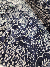 Load image into Gallery viewer, Fabric Sold By The Yard Navy Blue White Ikat Stretch Spandex Pleated Iridescent Sequin Glued Vintage Fabric Dress Draping
