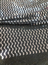 Load image into Gallery viewer, Fabric Sold By The Yard Black Stretch Lycra Spandex Geometric Embroidery Silver Sequin Shine Sparkle Fashion Dress Draping Clothing
